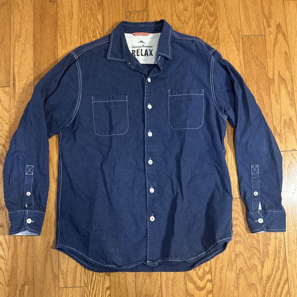 Tommy Bahama Men’s Relax Blue Denim Heavy Stitch Pocket Long Sleeve Shirt Size L